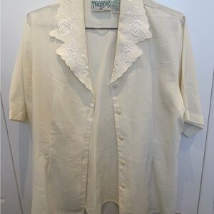 Vintage Northern traditions Cream Short Sleeve Blouse with Embroidered Collar